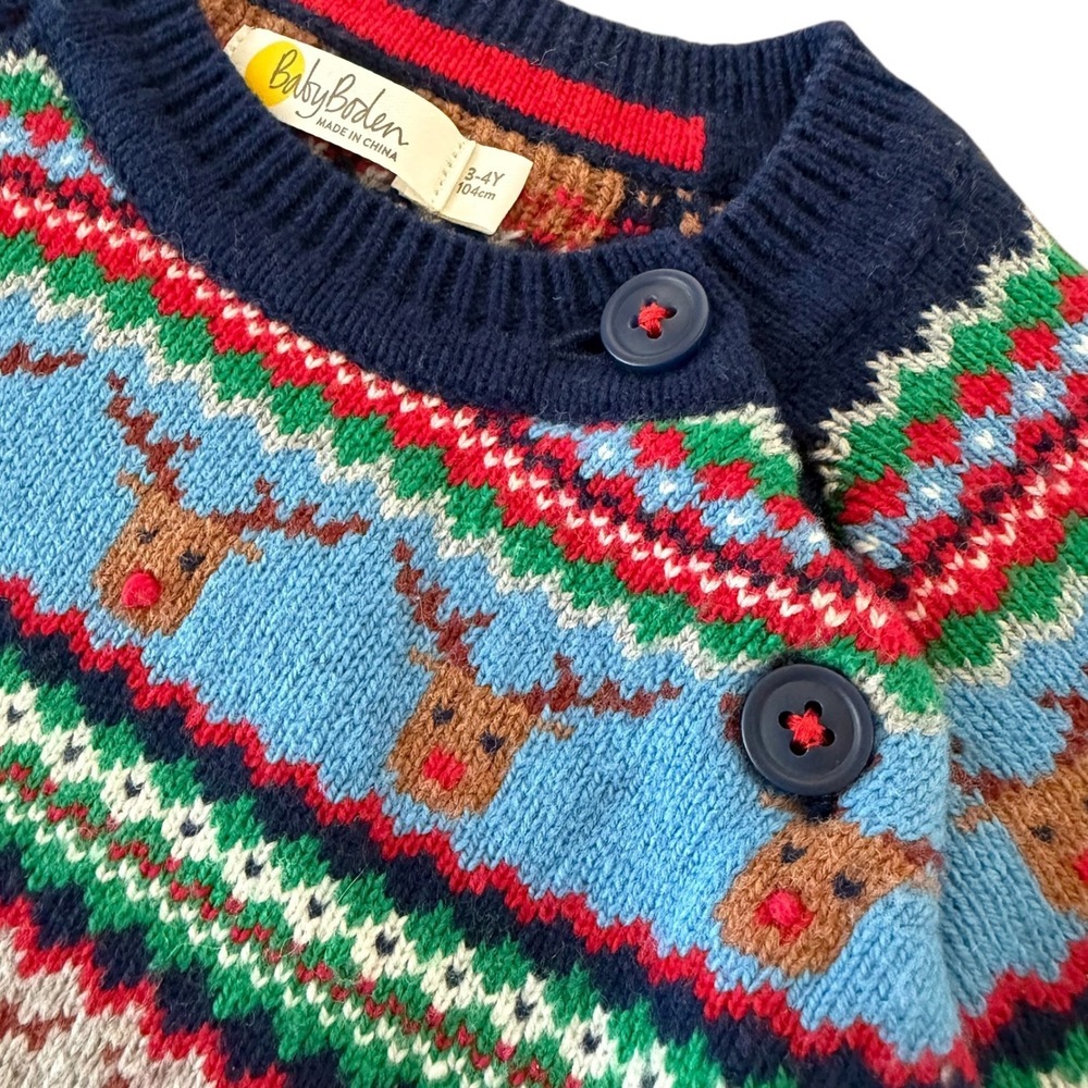 Baby Boden Kids Christmas Reindeer Fair Isle Knit Sweater Blue 3-4Y - Picture 2 of 7